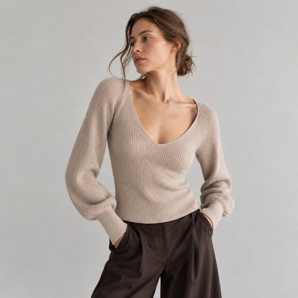 Reformation Hart Cashmere Puff Sleeve Sweater Womens XS Tan/Taupe Deep Neckline